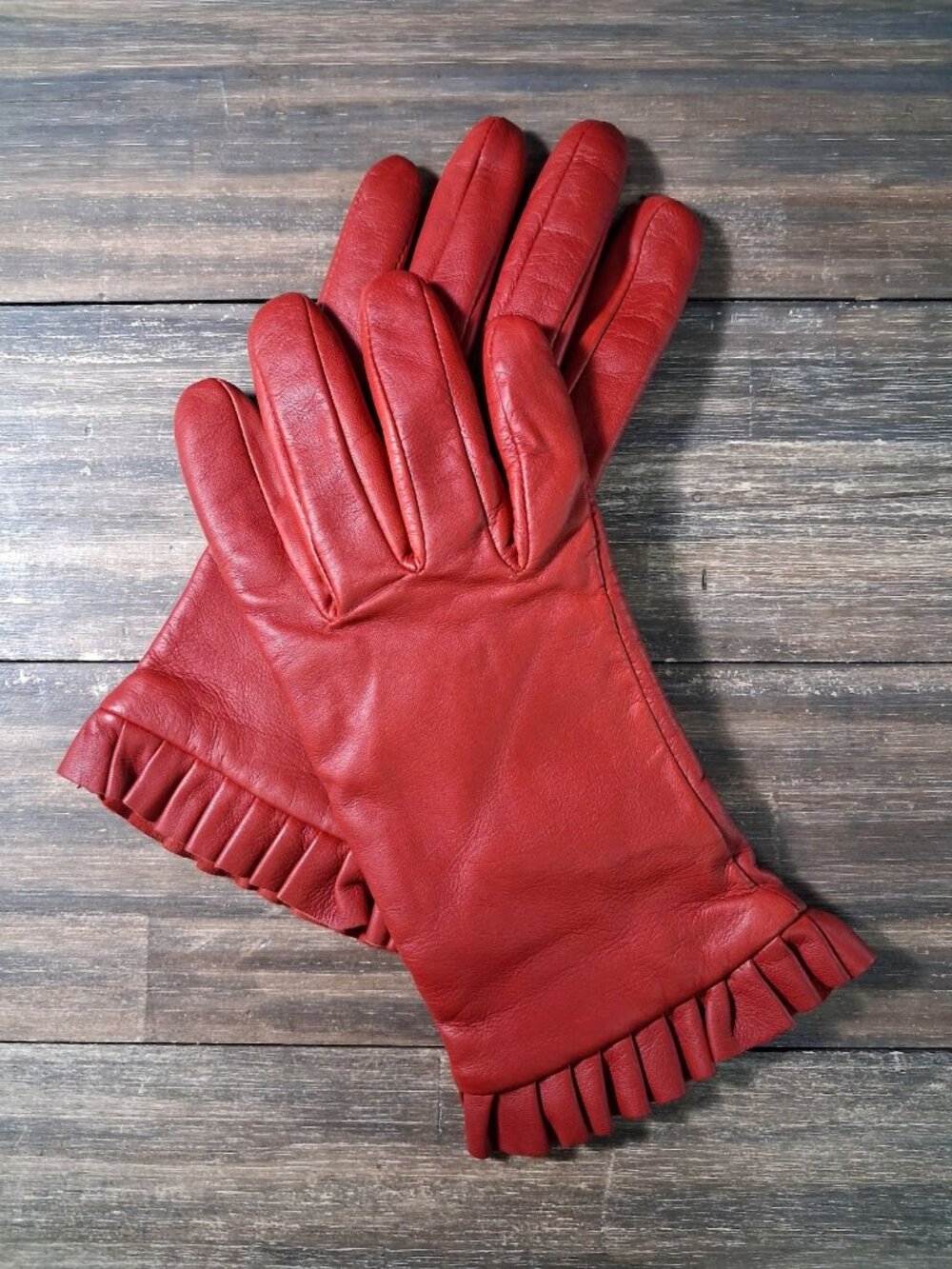 Vintage Leather Cashmere Gloves Red Driving Ruffle Cuff Winter Dress Sz M Women